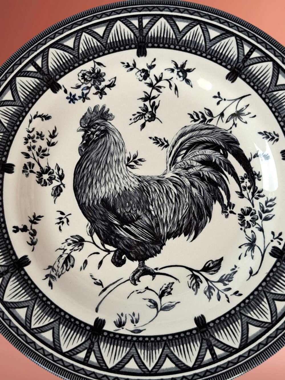 Churchill Black Rooster 8.5" Salad Plates Toile Floral Tassel Country Cottage - Picture 15 of 15